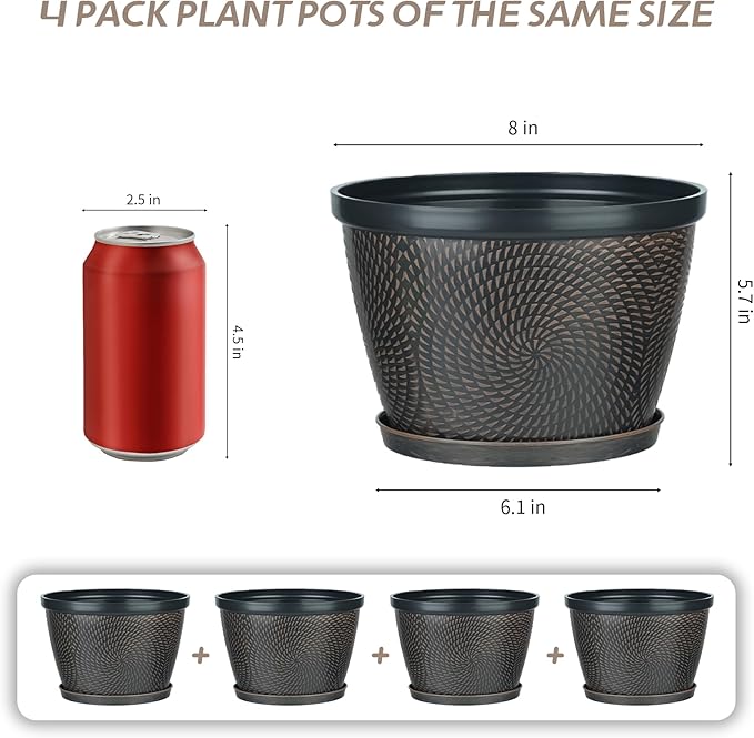 Quarut 4 Pack 8 Inch Flower Pots for Outdoor Indoor Plastic Plant Pots with Drainage Hole &amp Saucer Lightweight Small Flower Pot Circle Pattern Planters for Garden House planters（Brown）