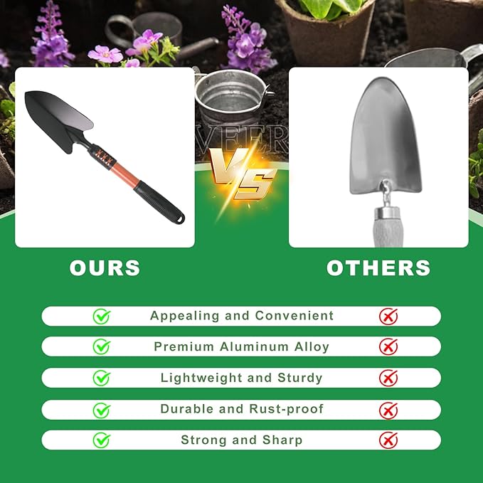 Garden Tool Set 3 Pack Lightweight Heavy Gardening Kit Including Hand Shovel Transplant Shovel and Hand Rake with Soft Rubber Non-Slip Handle for Planting Weeding Digging Orange ﻿