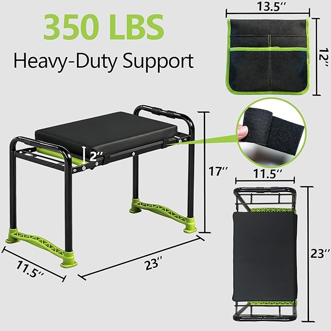 Garden Kneeler and Seat Heavy Duty Garden Stool with 11 Wide Detachable Kneeling Pad Foldable Garden Bench Chair with Gardening Tool Pouch and Bag Gardening Gifts for Women Seniors