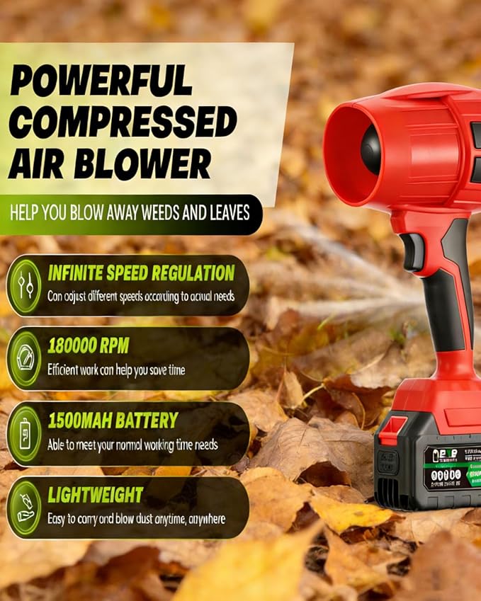 Power Leaf Blower 21V Cordless Lightweight Handheld Electric Turbo Jet 2x4Ah Batteries Fast Charger 1000000 RPM High Speed with Ergonomic Handle for Yard Cleaning Lawn Maintenance Blowing Leave (Red)