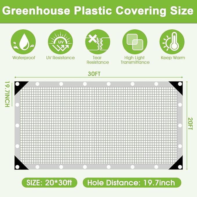 16 Mil Clear Plastic Tarps Heavy Duty Waterproof 20x30 FTGreen House Plastic Covering SheetingUV Resistant Greenhouse Cover Clear Tarp with Grommets for GardenFarmsNurseryChicken Coop Winter Wrap