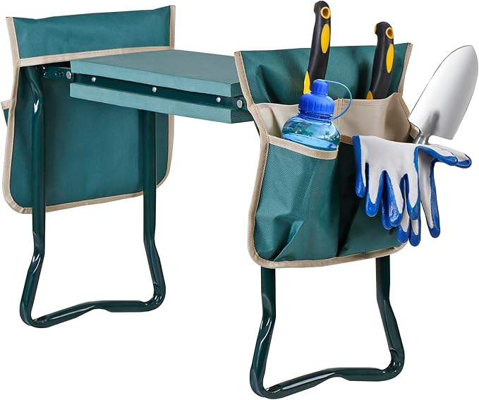 Folding Garden Kneeler Bench Heavy Duty Garden Stool Kneeling Pad Bench Seat for Kneeling to Prevent Knee Pain Lightweight Portable Gardening Supplies with Extra Tool Pouches EVA Foam Pad