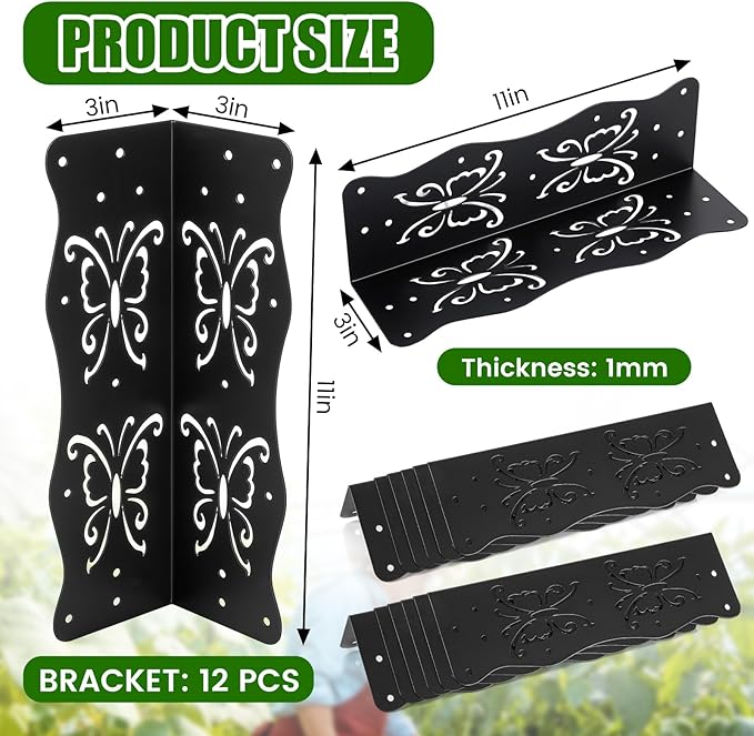 12 Pack Raised Garden Bed Corner Brackets with Securing Lip Fits Lumber up to 2 x 12 Metal Garden Corner Bracket for Wood Frame Bed 11 L x 3 W x 3 H Butterfly Style