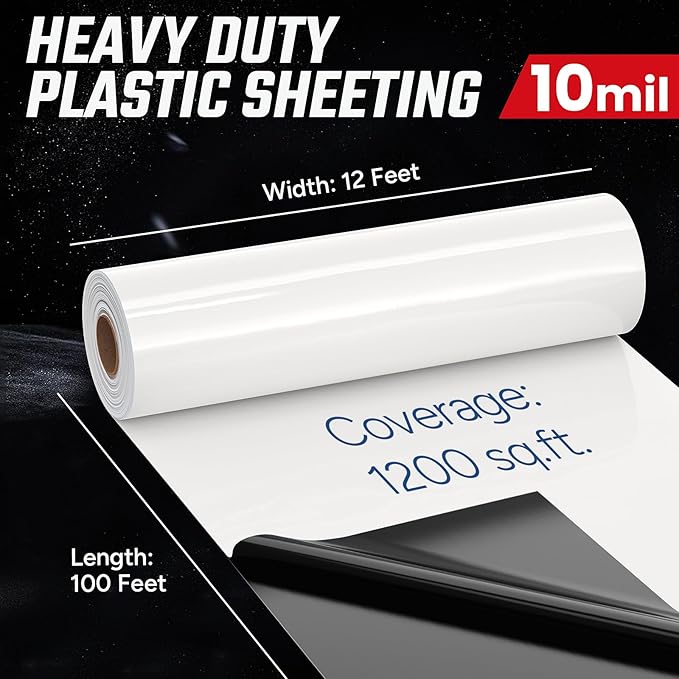 Crawl Space Vapor Barrier 10 Mil Vapor Barrier 12' x 100' Drop Cloth Moisture Barrier Covering for Crawlspace Encapsulation Thick Plastic Sheeting Polyethylene Film Black and White Panda Film