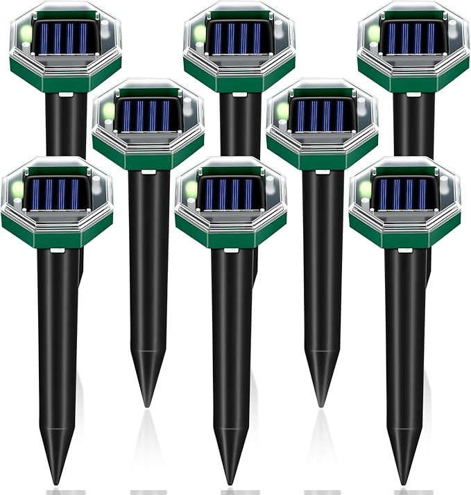 Mole Repellent Solar Powered Gopher Snake Repellent for Yard Lawn Garden IP65 Waterproof Ultrasonic Deterrent Stakes Get Rid for Vole Groundhog Squirrel Rat Mice Rodent Skunk Repellent 8 Pack