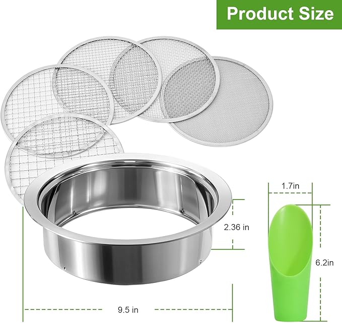 Soil Sieve Stainless Steel Riddle Sieve Set 9.5 Diameter Garden Sifter with 5 Filter Mesh Sizes 135912mm and Bonsai Soil Scoops Gardening Tool