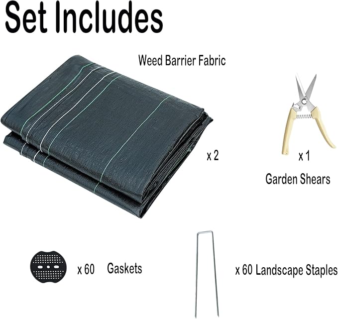 4 FTX100 FT Weed Barrier Fabric Heavy Duty 4.23oz Landscape Fabric with 60pcs U-Shaped Landscape Fabric Staples and 60pcsGarden Stakes Gaskets 1 Shears