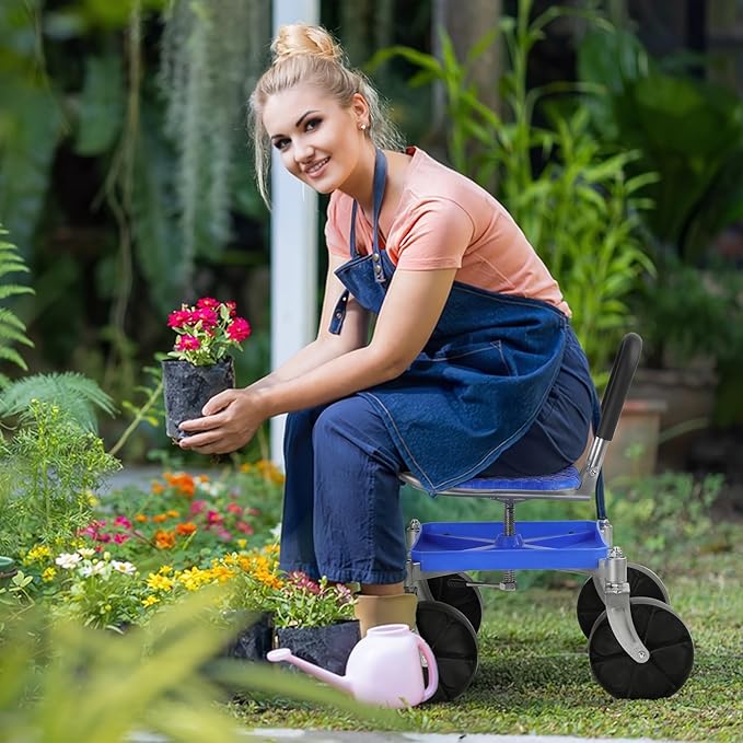 Garden Seat with Wheels Rolling Gardening Stool with Adjustable 360° Swivel Seat Stable Workseat Sturdy Carts with Height Adjustable for Patio Yard and Outdoors Blue