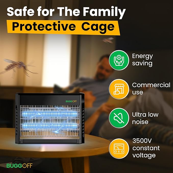 BUGGOFF Black Modern Indoor Electric Bug Zapper 800 SQFT Coverage 3500 Volts of Stunning Power 20 Watts Kills Mosquitos Gnats Flys &amp More. 5 Year Warranty X2 Free Replacment Bulb (4 Pack)