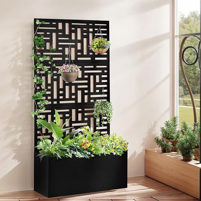 48 Outdoor Garden Flower Standing Planter BoxMetal Planter Raised Garden Trellis BedIndoor Outdoor Flower BedVertical Flower Pot Standwith Drainage Holesfor Patio Porch Yard Balcony (Black)