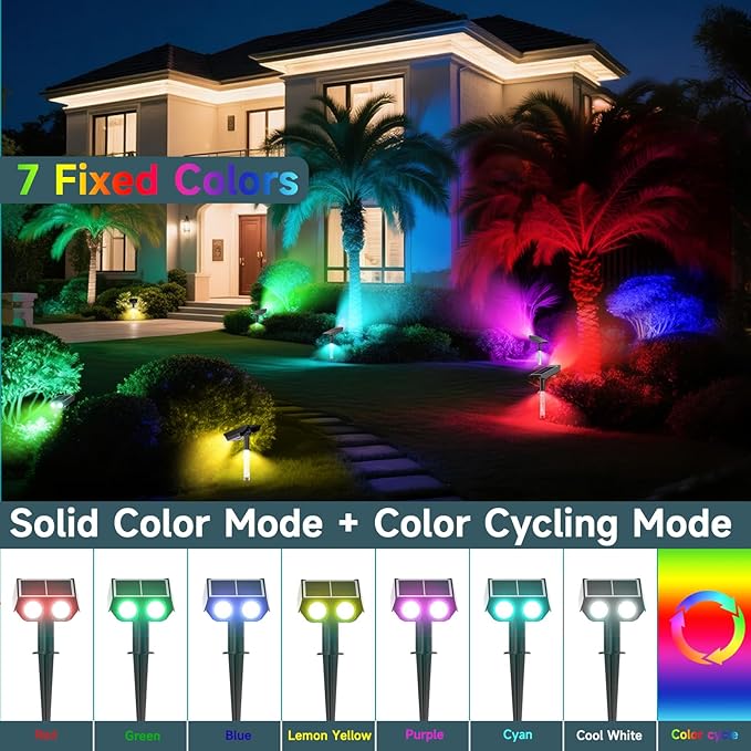 RGB Solar Spot Lights : 2 IN 1 Solar Lights Outdoor with 8 Lighting Modes &amp PC Light Guide Column for Tree Garden Yard Pathway | RGB Color Changing Landscape Lights | IP65 Waterproof | 6 Pack