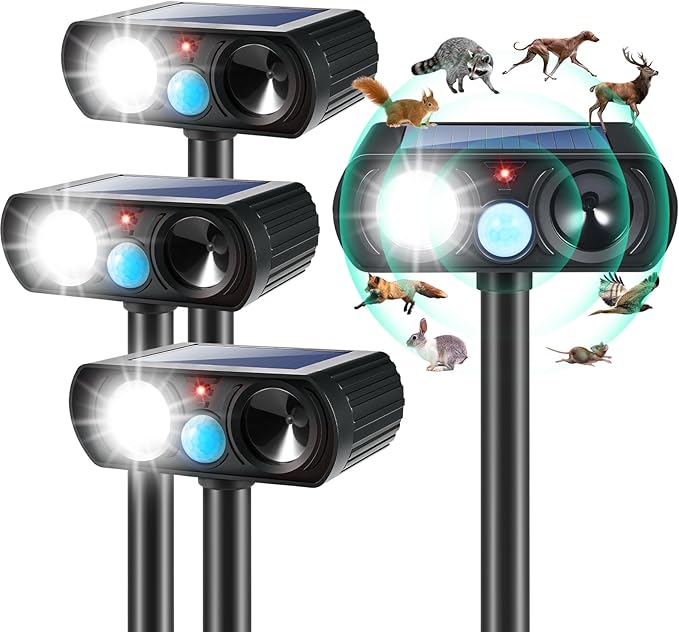 4Pack Feral Cat Repellent Outdoor Solar Ultrasonic Animal Repellent with Motion Detection and Flash LightStray Cat Deterrent Outdoor Keep Squirrel Raccoon Rabbit Away from Yard Garden Lawn