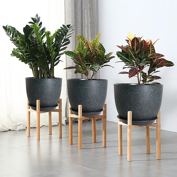 WOUSIWER Plant Pots 10/9/8 inch Set of 3 Modern Decorative Plastic Planters with Drainage Holes and Saucers for House Plants Indoor Flowers Plants Black with Green Speckles