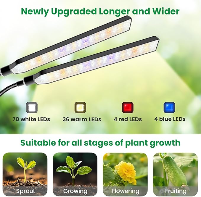 Grow Light Clip on 2 Pack 228 LED Full Spectrum Plant Lights for Indoor Growing 2 Head Black Arm Grow Lamp with Gooseneck 6/12/16H Timer 5 Dimming 3 Light Mode