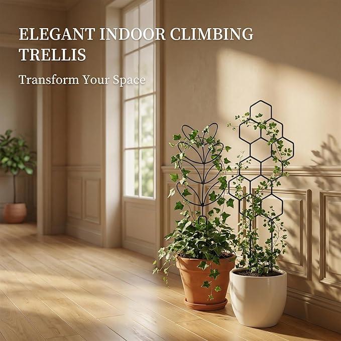 6 Pack Plant Trellis Indoor Black Metal Leaf Honeycomb Shape Trellis for Potted Plants Trellis for Garden Potted Plant Climbing Plants Indoor