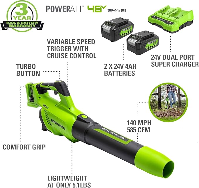 Greenworks 48V (24V x 2) Cordless Brushless Axial Leaf Blower (140 MPH / 585 CFM / 200+ Compatible Tools) (2) 4.0Ah Batteries and Dual Port Rapid Charger Included