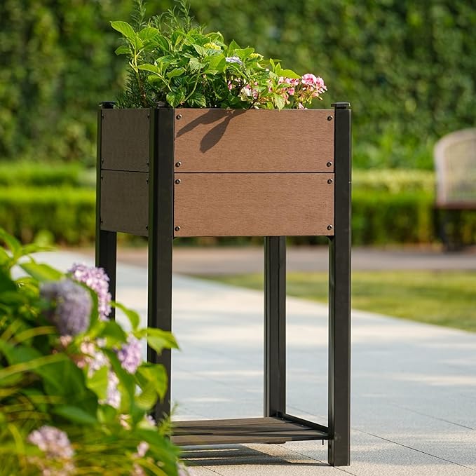 All-Season Raised Garden Bed with Storage Shelf Wood-Grain HDPE Planter Box with Black Aluminum Frame Chemical-Free for Growing Organic Vegetables and Herbs 19 l x 33 h