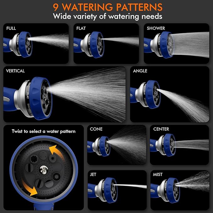 RESTMO Hose Nozzle Heavy Duty Metal Water Hose Sprayer for Garden 9 Spray Patterns | High Pressure | Thumb Flow Control | On/Off Valve Ideal for Lawn &amp Plant Watering Car &amp Pet Washing Bl