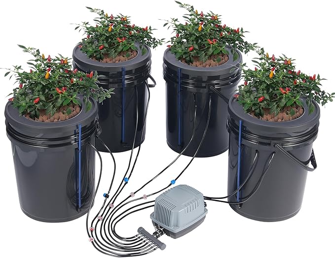 Happybuy DWC Hydroponics Grow System 5-Gallon 4 Buckets Deep Water Culture with Top Drip Kit Air Pump Air Stones Water Level Device for Leafy Vegetables