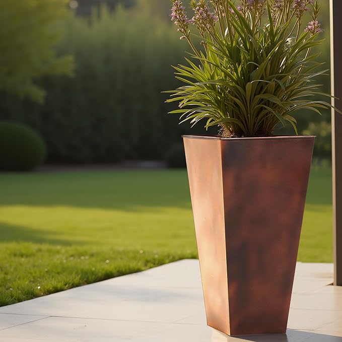 Worth Garden 12 Dia x 25 H Large Metal Planter Set of 2 Matte Bronze Retro Finish Tall Square Tapered Steel Plant Pots Decor Flower Pot Indoor &amp Outdoor Drainage Hole &amp Dual-Purpose Plant