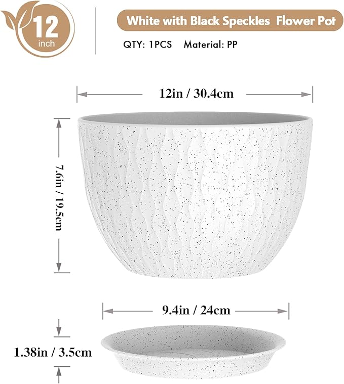 12 Inch Wide Water Ripples Flower Pots for Indoor or Outdoor Plants Large Plant Pots with Drainage Holes &amp Saucer Plastic Planters Set for Garden &amp Home Decor (White with Black Speckles)