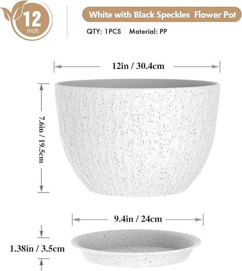 12 Inch Wide Water Ripples Flower Pots for Indoor or Outdoor Plants Large Plant Pots with Drainage Holes &amp Saucer Plastic Planters Set for Garden &amp Home Decor (White with Black Speckles)