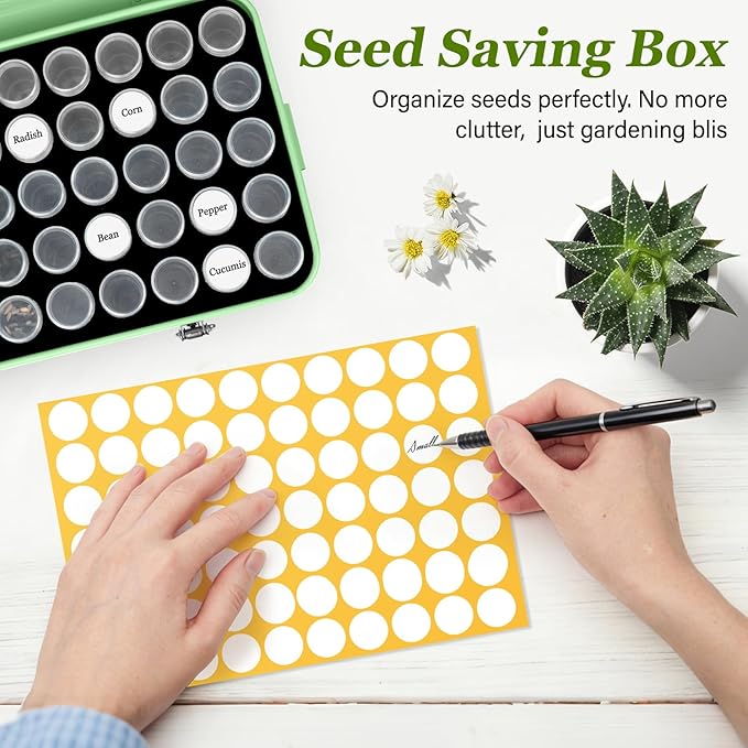 Seed Storage Box Organizer - Metal Garden Seed Storage Container Kit with 60 Vials 30 Plant Tags 20 Envelopes Funnel &amp Labels - Moisture-Proof Seed Bank for Long Term Storage