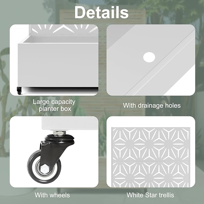 Metal Planters Box with Trellis &amp Privacy Screen for Patio Large Raised Garden Beds with Drainage Holes &amp Wheels 47 L×16 W×71 H Standing Flower Beds with Trellis (White Star)