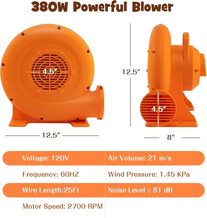 Costzon Air Blower 380W 0.5HP Bounce House Blower with 25 FT SJTW Wire &amp Stakes IPX4 Air Blower for Inflatables ETL GFCI Plug Perfect for Inflatable Bouncer Blower Jumper Bouncy Castle Oran