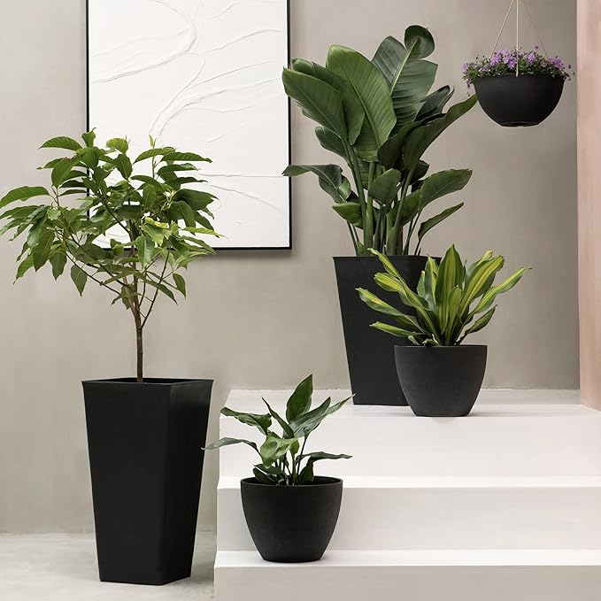 LA JOLIE MUSE Outdoor Planter Flower Pots Outdoor- 11.3 Inch Planter with Drainage for Indoor Outdoor Plants Flowers Black Set of 2