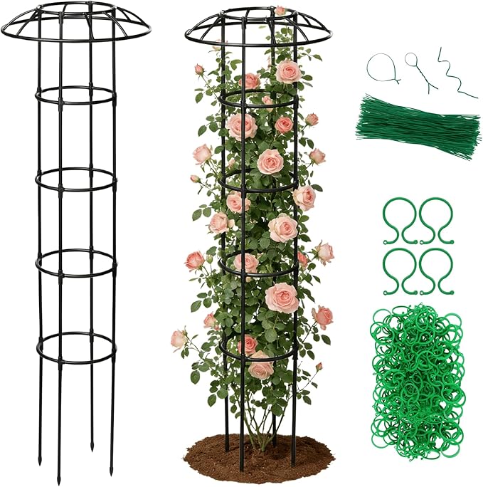 Garden Obelisk Trellis for Climbing Plants Outdoor | 64 Inch Mushroom Top Trellis for Potted Plants Vines Roses Clematis | Rustproof Plastic Coated Metal Plant Support Indoor Outdoor for Vegetables