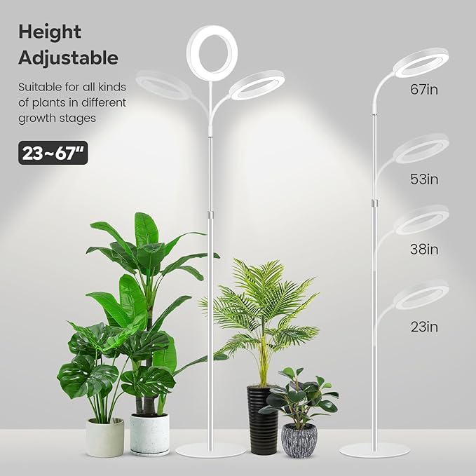 Garpsen Grow Light Full Spectrum LED Plant Lights with Stand 3 Color Modes Floor Grow Lamp with Timer 6/12/16H 5 Dimmable Levels 67'' Adjustable Height for Indoor Large Plants(White)
