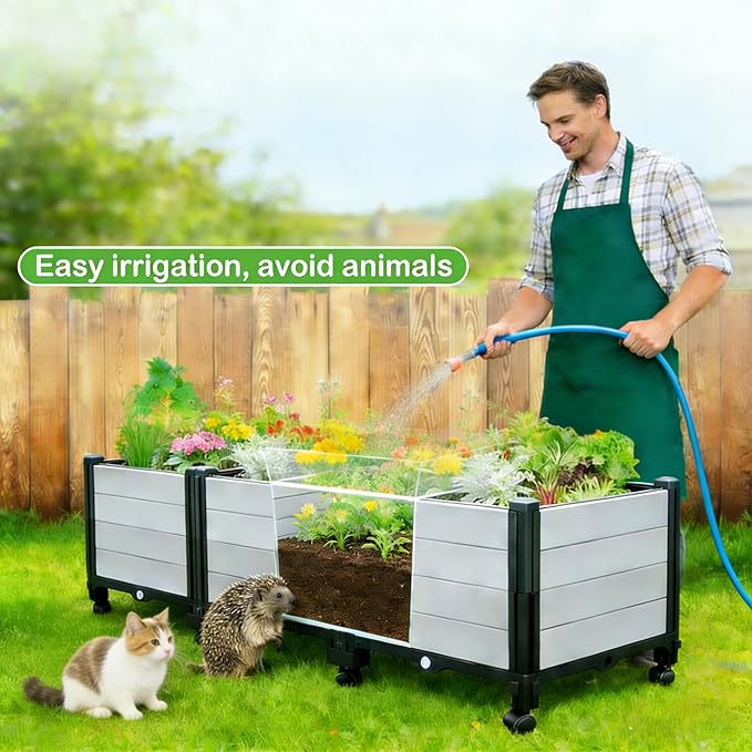 3-Pack Elevated Raised Garden Beds Outdoor with Wheels Sturdy Plastic Planter Boxes with Drainage for Patio Balcony Lawn &amp Backyard Gardening