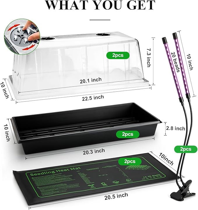 2-pack 1020 Trays with 7.3'' Domes &amp Heat Mats &amp Grow Lights – Heavy-Duty 1020 Seed Starter Kits Seedling Trays with Humidity Domes &amp Waterproof Heating Mats &amp LED Lights for Germinat