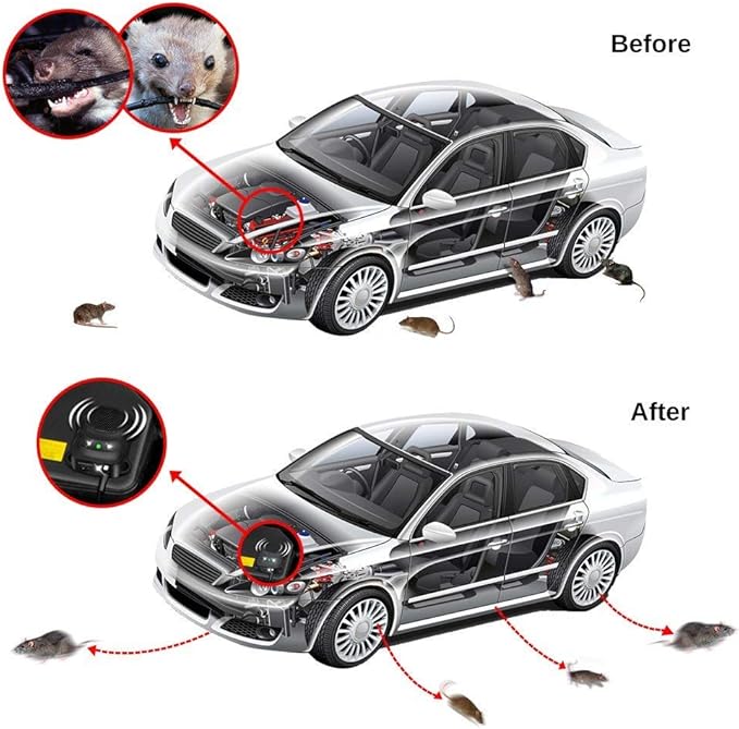 Loraffe Under Hood Rodent Repellent for Car Engines 12V 24V Ultrasonic Mouse Deterrent with LED Strobe Lights – Mice and Rat Repeller for Truck RV Vehicle Engine Protection Pack of 2