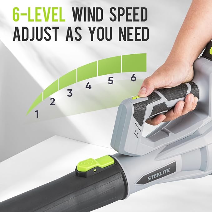 STEELITE 21V Cordless Leaf Blower 150 MPH 600 CFM High-Performance Airflow Lightweight Electric Blower for Lawn Care Patio Cleaning Leaves &amp Dust Includes 2 x 2.0Ah Batteries - Green