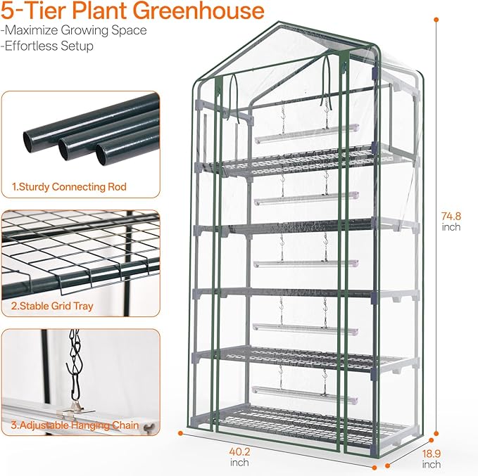 Bstrip Indoor Greenhouse with Grow Light 5-Tier Large Green House 5Pcs Grow Lights for Seed Starting with Timer PVC Tent with Airflow Windows Indoor Greenhouse Cabinet 40.2x18.9x74.8in