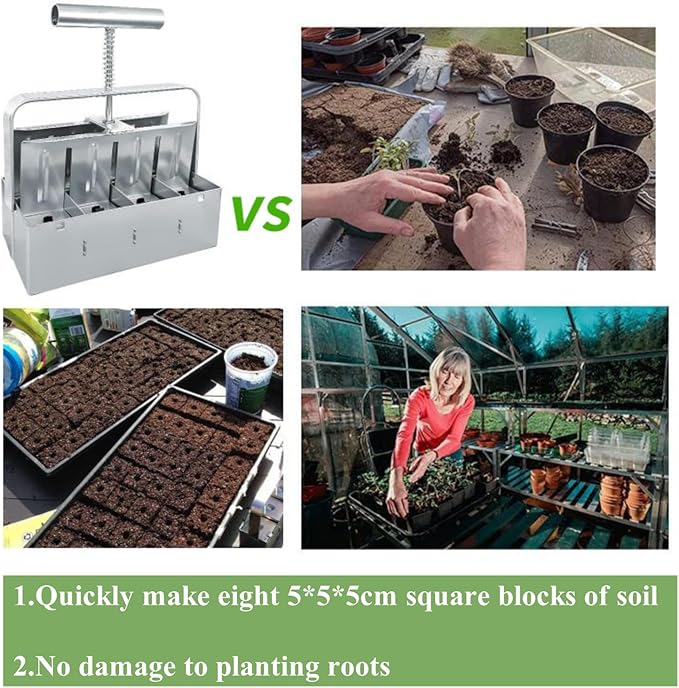 Soil Blocker with A Seedling Tray 8 Cell 2 Inch Soil Block Maker Handheld Block Maker with 3 Sizes Seed Pins Garden Blocking Tools for Seedings Cuttings Greenhouses