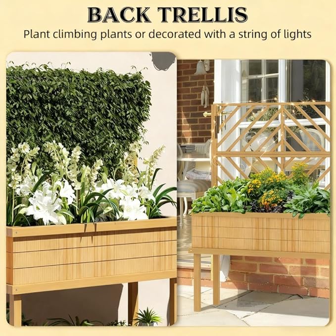 Standing Garden Bed with Built-in Trellis Elevated Wood Planter with Legs &amp Drainage Holes Comfortable Height for Climbing Vegetables &amp Flowers (Natural)