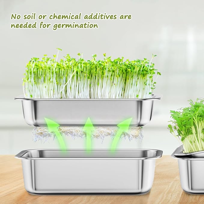 FANHAO 2-Pack Sprouting Tray Kit Stainless Steel Soil-Free Cultivation Germination Tray Healthy Wheatgrass Grower Sprouting Container Kit Nursery Tray for Indoors Plant Seedlings
