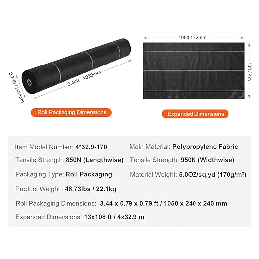13ft x 108ft Weed Barrier Fabric 5oz Woven Geotextile Fabric Under Gravel Heavy Duty Landscape High Permeability for Driveway Garden Beds Construction Projects Polypropylene Black