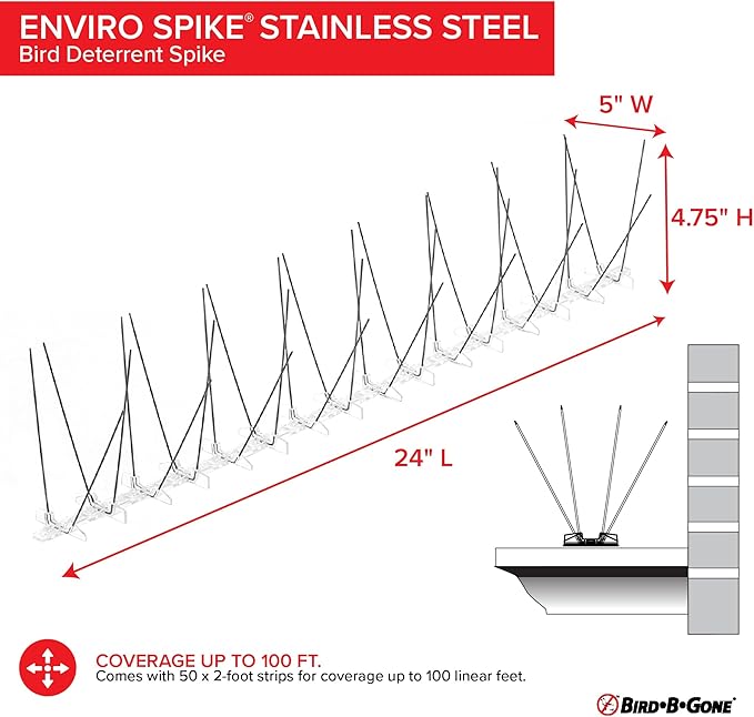 Bird B Gone - Pre-Assembled EnviroSpike Stainless Steel Anti Bird Spikes (100') - UV-Stabilized Polycarbonate Base - Humane Deterrent - Stops Pigeons &amp Birds from Roosting On Rooftops Ledges Fen