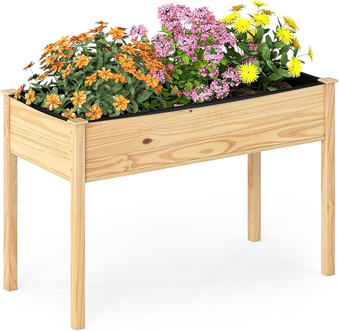 COSTWAY Raised Garden Bed Elevated Wood Planter Box Stand with Legs for Vegetables Flowers &amp Herbs Standing Growing Bed for Backyard Patio Balcony 47 x 22.5 x 30 Natural