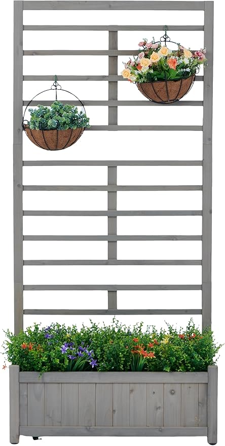 Raised Garden Bed with Trellis Outdoor Wooden Planter Box for Climbing Plants Vegetables Herb Growing