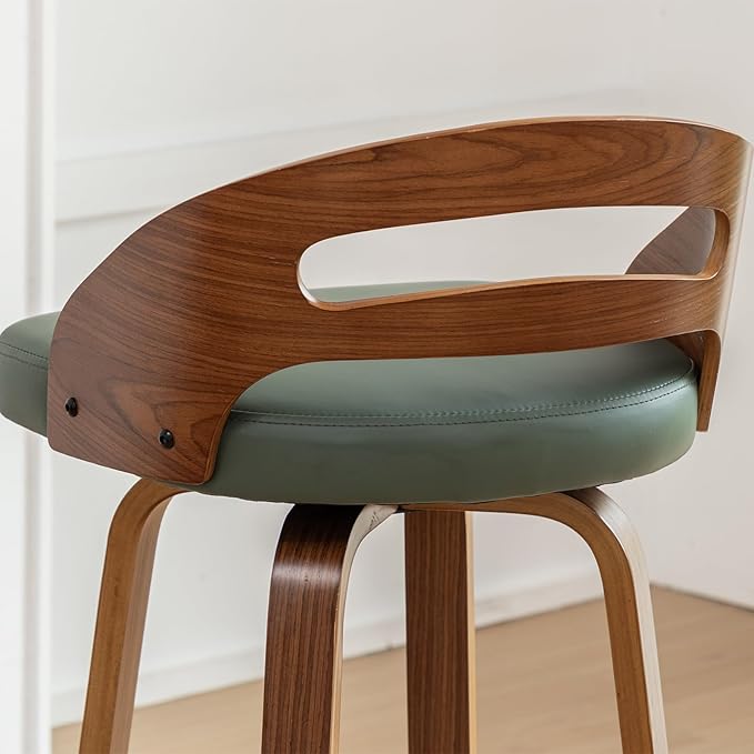 Bar Stools Set of 2 Swivel Bar Stools with Walnut Craftsmanship Bentwood Curved Back Upholstered Faux Leather Soft Cushion Seat Mid Century BarStools for Bar/Pub/Cafe (Green 30 Seat Height)