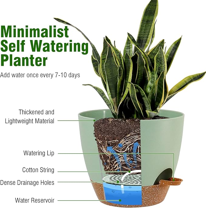 Large Self Watering Pots 12/10/9 Plastic Planters with High Drainage Holes and Deep Reservoir for Indoor Outdoor Garden Plants and Flowers Green with Brown