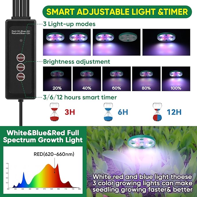 BlumWay Self-Watering Seed Starter Tray Kit with Grow Light and Humidity Dome3 Color Growing Light5-Pack 60-Cell Plant Seedling TrayReusable Plastic Germination TraysTimed Light Plant Starter Set