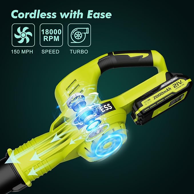 Leaf Blower Cordless - 21V Powerful Electric Leaf Blower with 2 Batteries and Charger 2 Speed Modes 2.0Ah Lightweight Battery Powered Leaf Blowers for Lawn Care Patio Dust Blowing Leaves