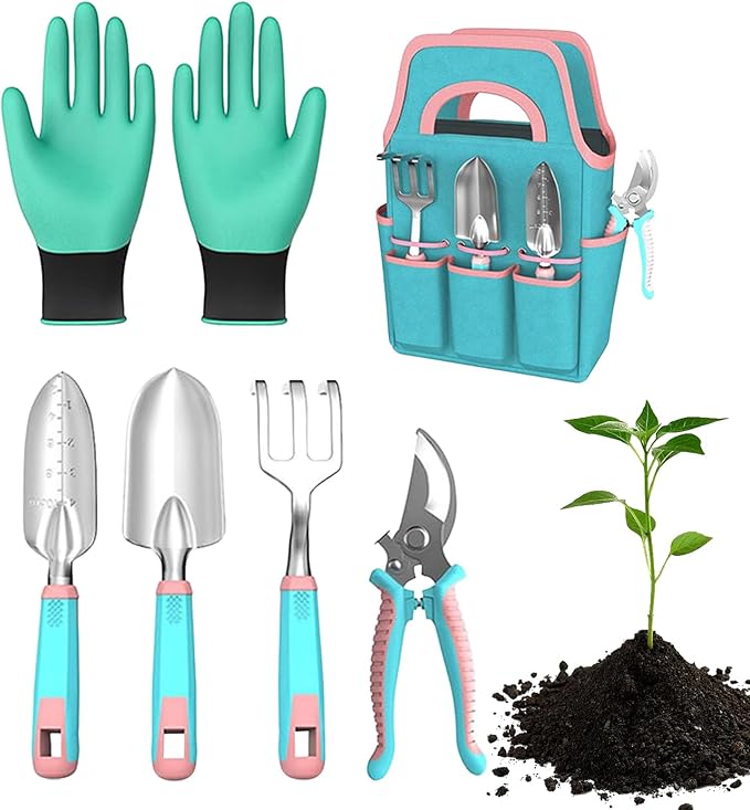 Gardening Tool Kit - Rake Gloves Pruner with Trowel | Garden Hand Tool Set with Tote | for Indoor Outdoor Lawn Backyard Patio Balcony Greenhouse