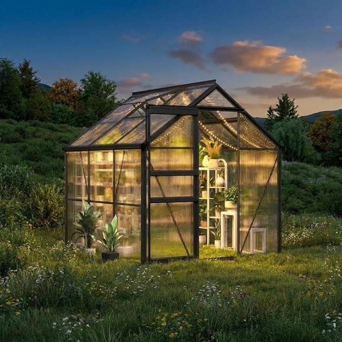 6X6FT Walk-in Polycarbonate Greenhouse Outdoor Weatherproof Greenhouse Kit with Adjustable Roof Vent Sliding Door &amp Gutter Drainage Portable Green House for Patio Backyard Winter Gardening